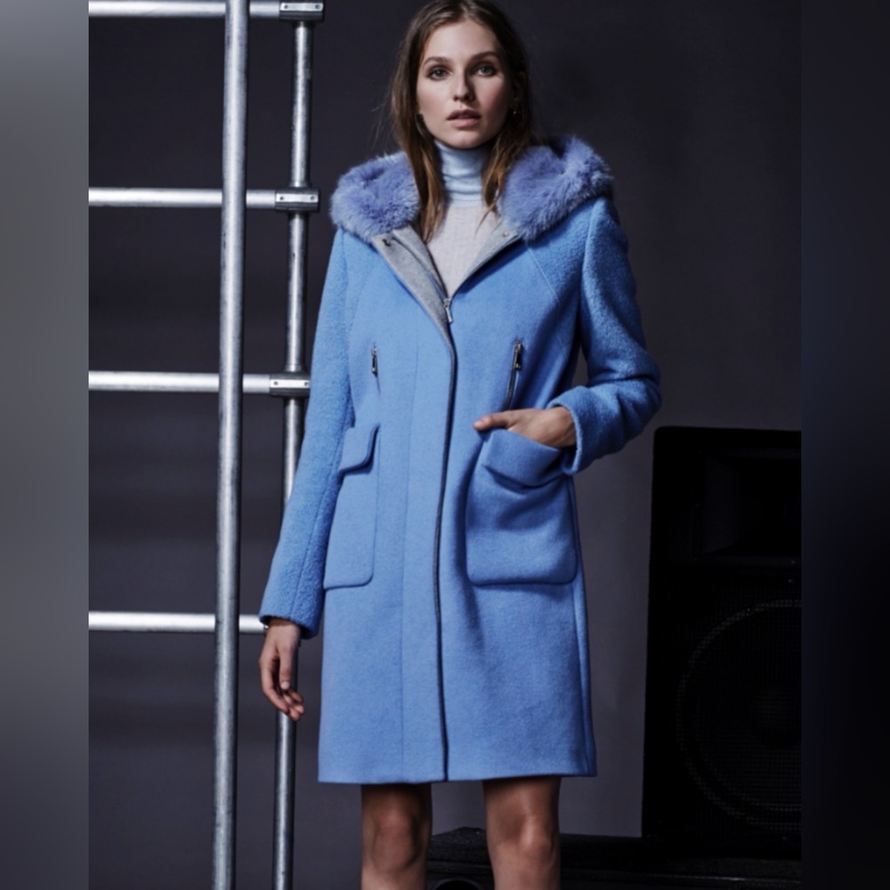 Dawn Levy Size L • Blue Wool Faux Fur Hood Coat Jacket.